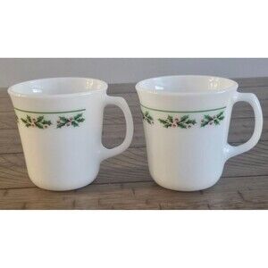 Lot of 2 Vintage Holly Days Christmas Corning Milk Glass Coffee Tea Cup Mug Lot